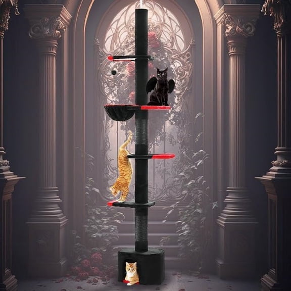 Cat Tree, Floor to Ceiling Cat Tower with Adjustable Height (86.8-120 Inches), 5 Tiers Black Cat Condo with Cozy Hammock, Fully Scratching Posts and Dangling Balls for Indoor Cats