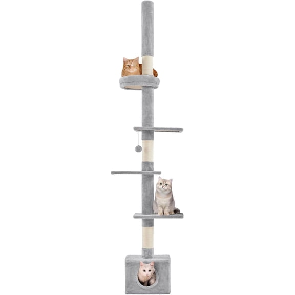 Cat Tree, Floor to Ceiling Cat Tower for Large Cats, 89-104.5in Height Adjustable Tall Climbing Tree w/Scratching Posts, Condo and Perches, Light Gray