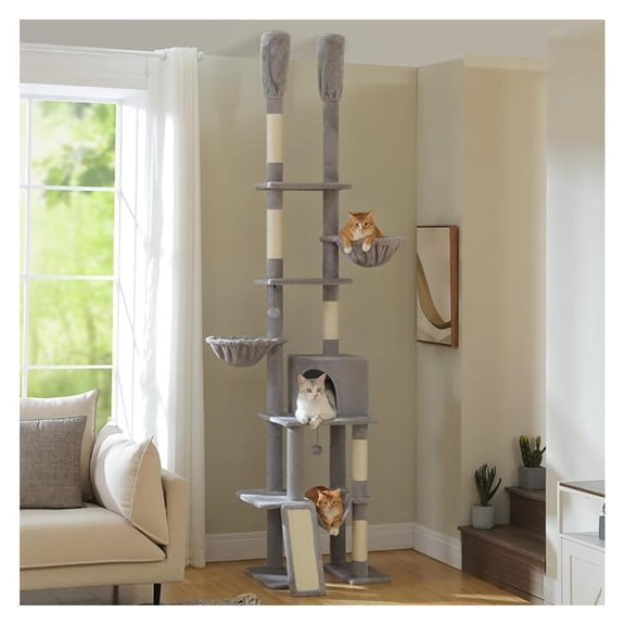 Cat Tree Floor to Ceiling, 85-112 Inch Adjustable Cat Tower, 7 Tier Cat Climbing Tower with Hammocks & Scratching Posts for Indoor Cats - Gray