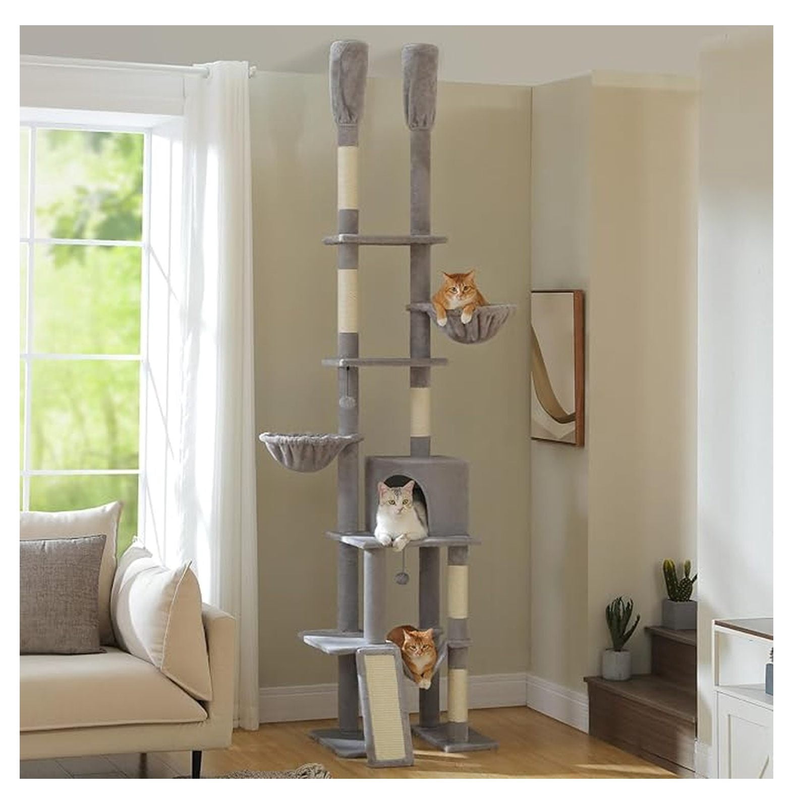 Cat Tree Floor to Ceiling, Adjustable Cat Tower 85-112 Inches, 7 Tier Cat Climbing Tower with Hammocks & Scratching Posts for Indoor Cats - Gray
