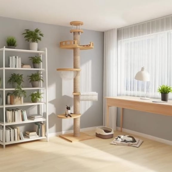 Cat Tree Floor to Ceiling Wooden Cat Tower Modern Height Adjustable Cat Condo 69.5ft Wood Cat Tree Cat Climbing Cat Lover Furniture