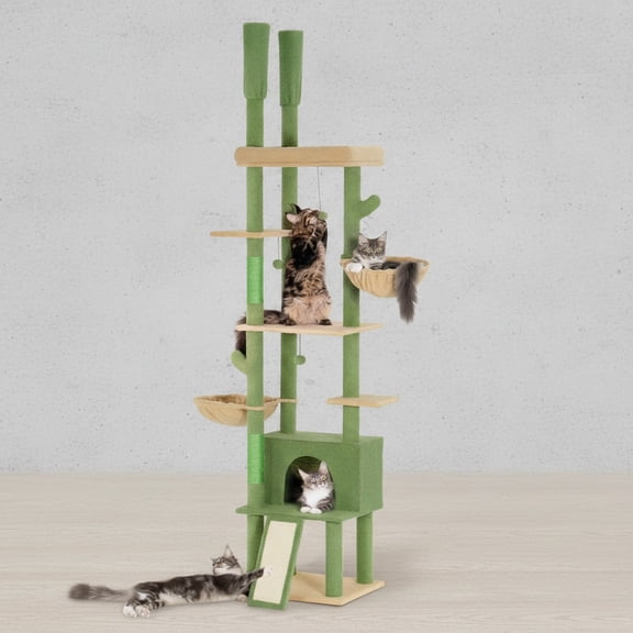 Cat Tree Floor to Ceiling with Big Perch Bed and Condo for Large Adult Cats, Heavy Duty Cat Tower for Indoor Cat Pet, Cactus Green
