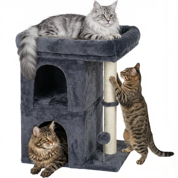 Cat Tree For Large 19 * 16.5in Perch Adult Tower Indoor Cats With 24in Long 2 Cozy Condo House & Fat Dark Gray