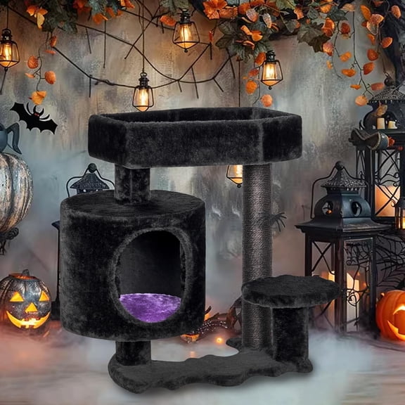 Cat Tree, Gothic Cat Tree with Coffin Bed, Cat House with Scratching Posts, Shelves for Kittens, Spider Toy, Black and Violet Small MMJ93Z