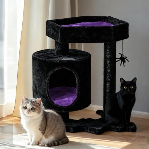 Cat Tree, Gothic Cat Tree with Coffin Bed, Cat House with Scratching Posts, Shelves for Kittens, Spider Toy, Black and Violet Small MMJ93Z