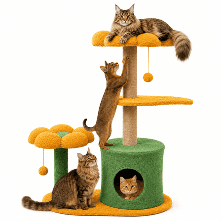 Flower Cat Tree for Indoor Cats, 35-Inch Cute Cat Tower with 2 Flower Perches, Cozy Condo, Sisal Scratching Posts & Hanging Balls, Compact Multi-Level Cat Furniture, Green & Yellow