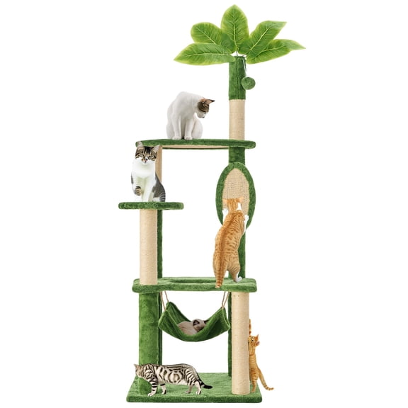 Cat Tree for Indoor Cats, 55 Inch Cat Tower with Rotating Scching Board, 4 Sisal Posts, Leaf Top Design, Modern Cat Furniture for Multiple Cats, Sturdy Vertical Climbing Structure, Green