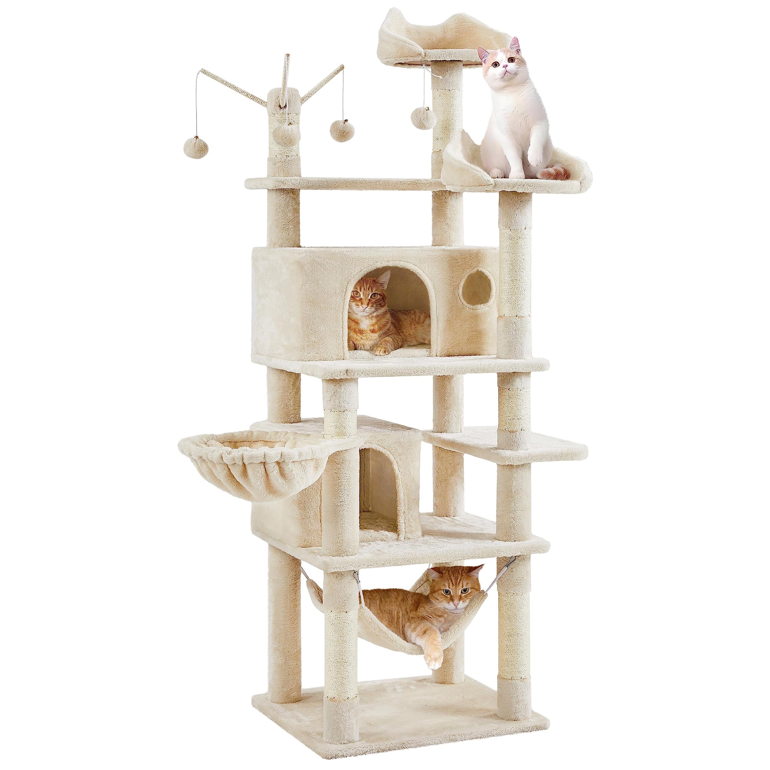 Cat Tree for Indoor Cats, 67 Inch Tall Cat Tower with Scratching Posts, Multi-Level Cat Condo with Removable Fur Ball Toys, Cozy Perch, Soft Hammock, Modern Cat Climbing Furniture, Beige