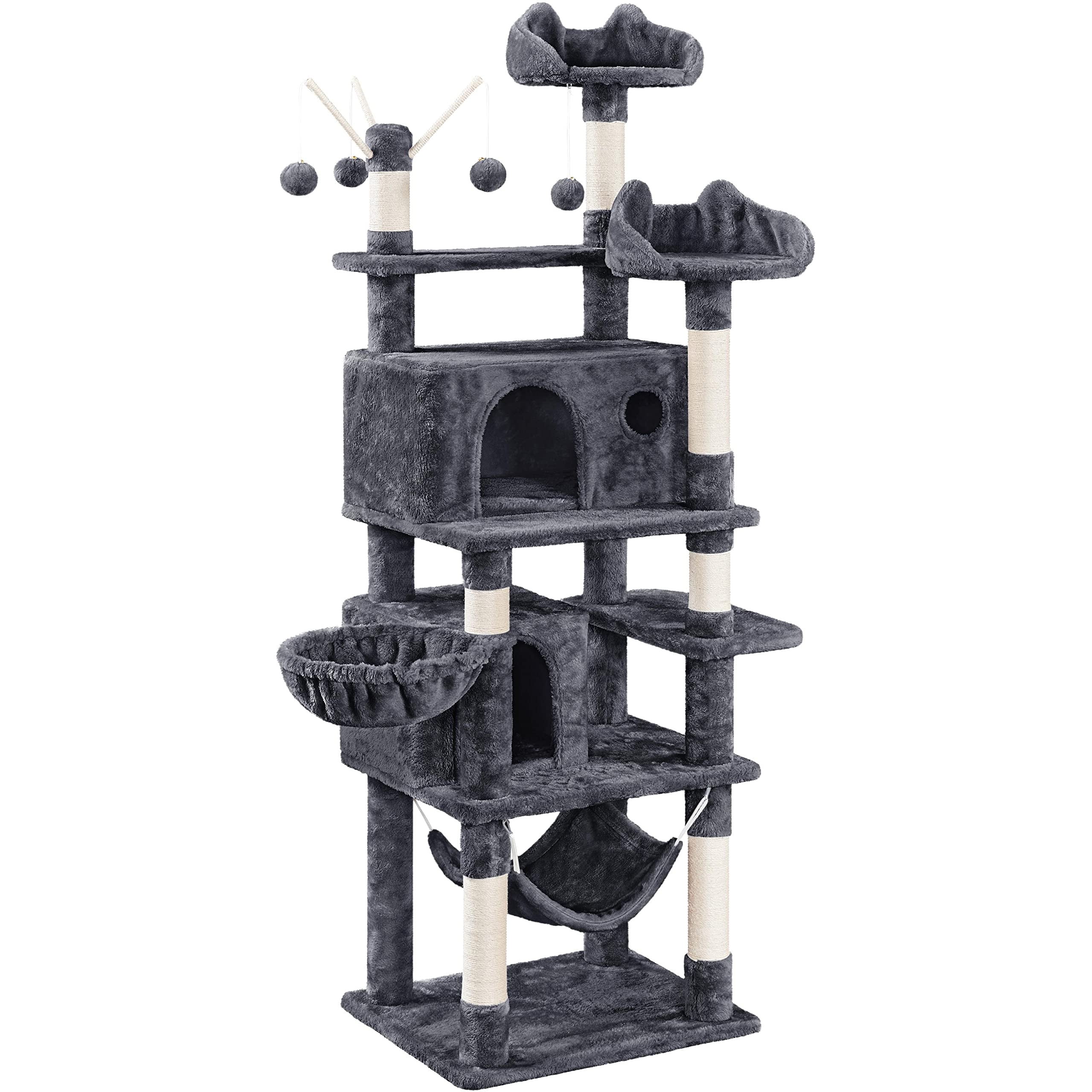 Cat Tree for Indoor Cats 67in Tall, Multi-Level Cat Tower with Condos Scratching Posts Hammock Basket Dangling Toys, Playhouse for Kittens Adult Cats, Dark Gray