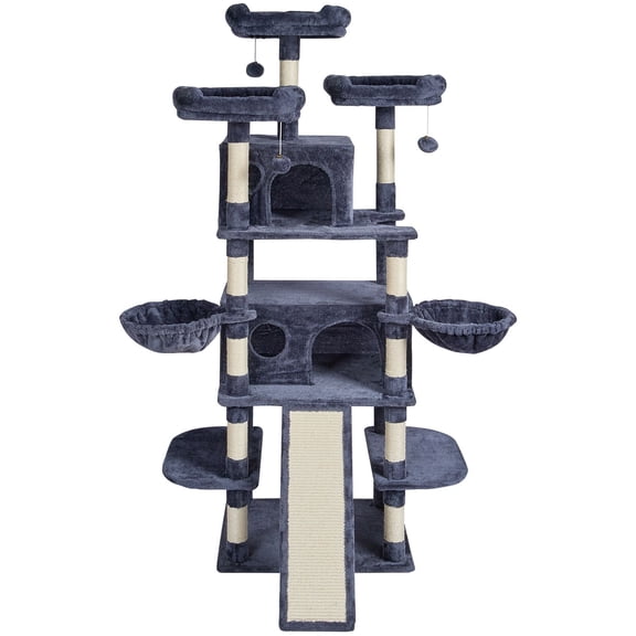 Cat Tree for Indoor Cats, 68.5" Cat Tower with 2 Cat Condos, Sisal Scratching Post, Hammocks, Top Perches, Jumping Platforms and Ramp, Cat Furniture Activity Center with Hang Balls, Dark Grey