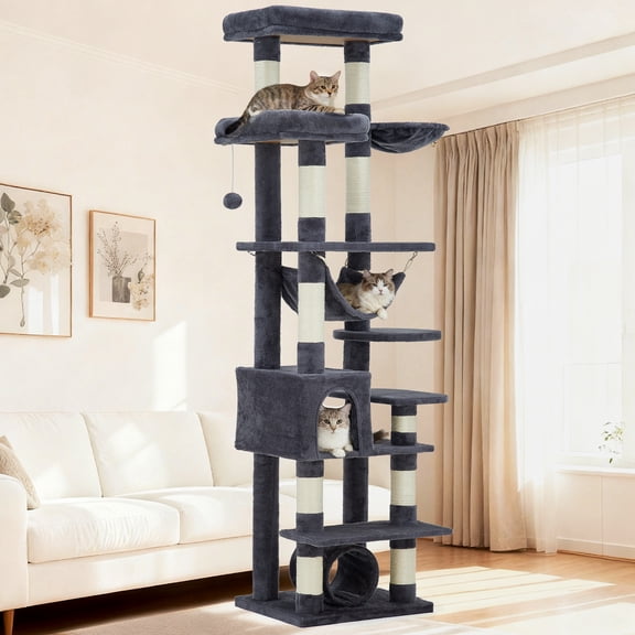 Cat Tree for Indoor Cats, 74" Multi-Level Cat Tower for Large Adult, Sturdy Cat Tree House with 2 Scratching Boards 4 Posts, 2 Plush Perches/Condos, Hammock, Dark Gray