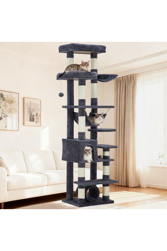 Cat Tree for Indoor Cats, 74" Multi-Level Cat Tower for Large Adult, Sturdy Cat Tree House with 2 Scratching Boards 4 Posts, 2 Plush Perches/Condos, Hammock, Dark Gray