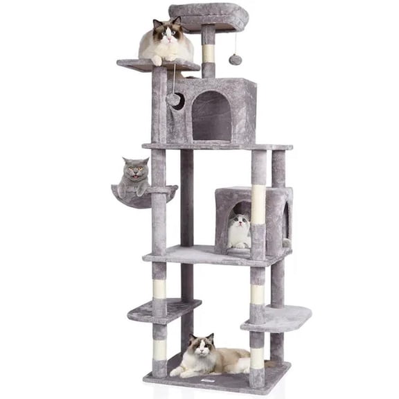 Cat Tree for Indoor Cats, Cat Tower with Cat Condos, Sisal Scratching Post, Hammock, Top Perch, Jumping Platforms, Cat Furniture Activity Center with Hang Ball, Light Grey