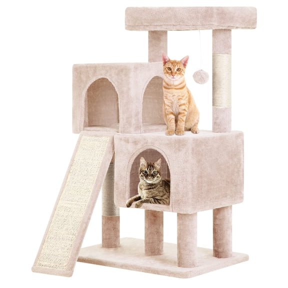 Cat Tree for Indoor Cats, Multi - Level Cat Tower with Scching Posts, Plush Cat House Condo with Ramp, Perch & Hanging Ball for Adult Cats and Kittens in Indoor Living Spaces, Beige