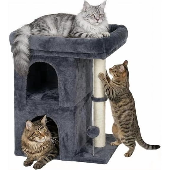 Cat Tree for Large Cat, 19 * 16.5In Large Cat Perch, Adult Cat Tower for Indoor Cats with 24In Long Scratching Post, 2 Cozy Cat Condo House for Adult & Fat Cats, Dark Gray
