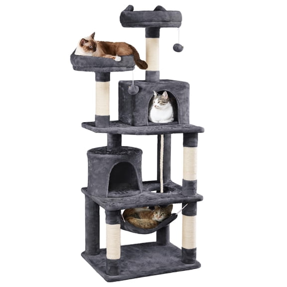 Cat Tree for Large Cats, 62.5 Inches Multi Level Cat Tower with 2 Condos, Hammock, 5 Scratching Posts, Plush Perches for Climbing Jumping Play, Indoor Activity Center, Gray