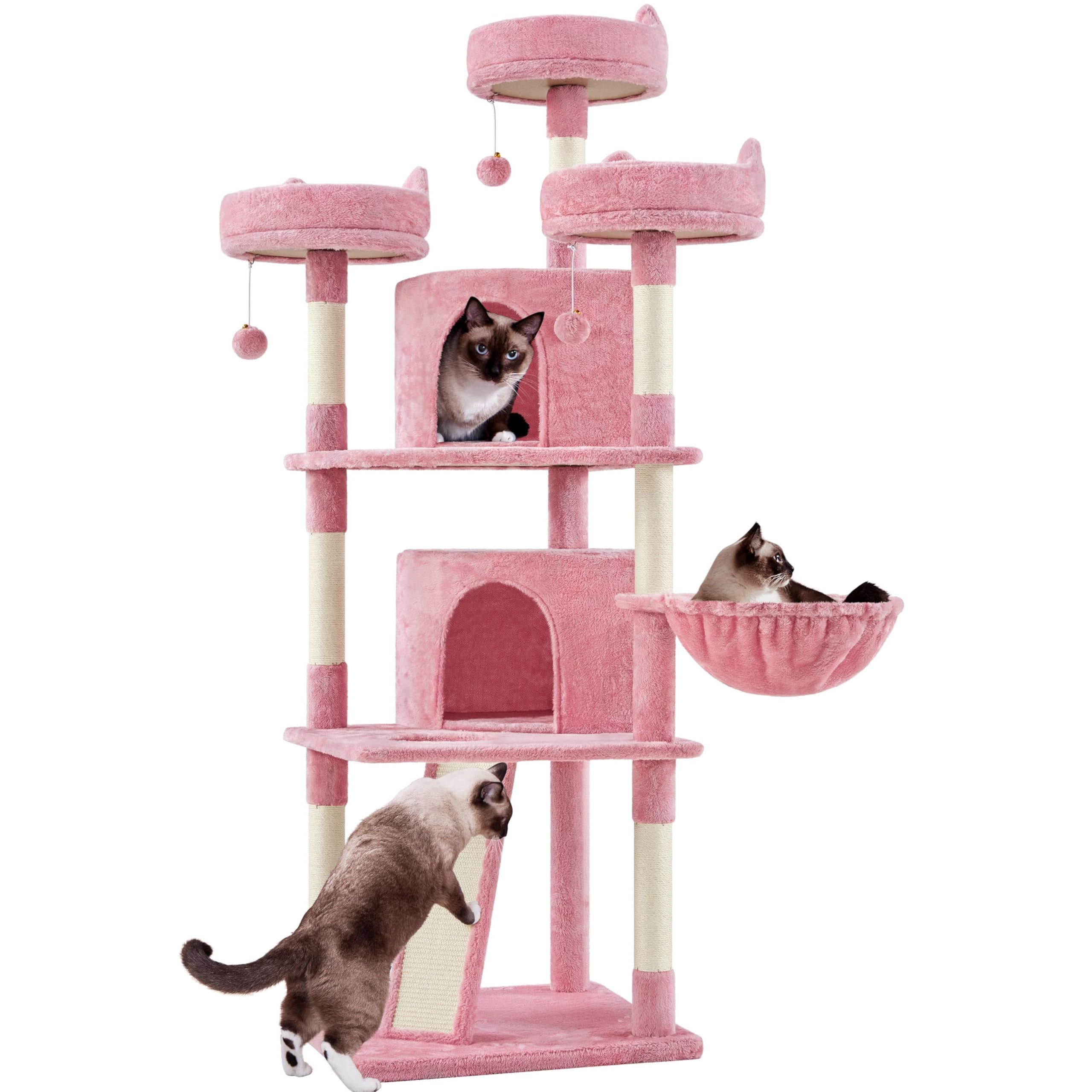 Cat Tree for Large Cats, 69in Tall Cat Tower with Condos, Caves, Scratching Posts, Plush Perches, Dangling Toys, Multi-Level Playhouse for Kittens and Adult Cats, Pink