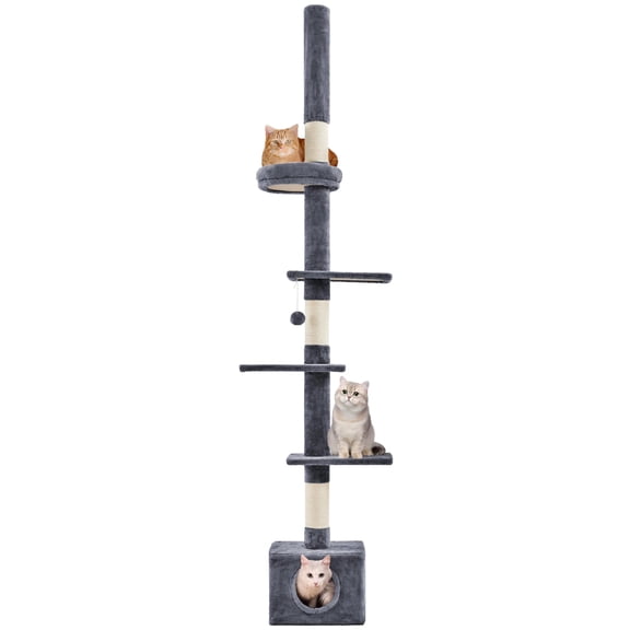 Cat Tree for Large Cats, Adjustable Height Floor to Ceiling Cat Tower 89 to 104.5 Inches, Multi Level Climbing Structure with Scratching Posts, Condo, Perches, Gray