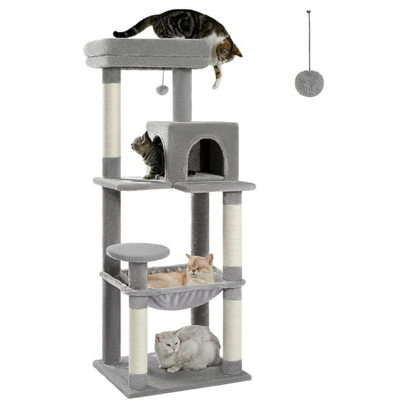 Cat Tree for Large Cats Adult with Metal Plush Big Hammock, 56.3" Cat Tower with 2 Door Condo House, 6-Tier Cat Shelves with Scratching Posts and Large Top Perch, Gray