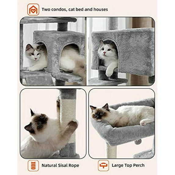 Cat Tree for Large Cats with Metal Plush Big Hammock, 56.3" Cat Tower for Indoor Cats with 2 Door Condo House, 6-Tier Cat Shelves with Scratching Posts and Large Top Perch, Cream White