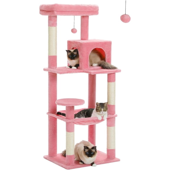 Cat Tree for Large Cats with Metal Plush Big Hammock, 56.3" Cat Tower for Indoor Cats with 2 Door Condo House, 6-Tier Cat Shelves with Scratching Posts and Large Top Perch, Pink