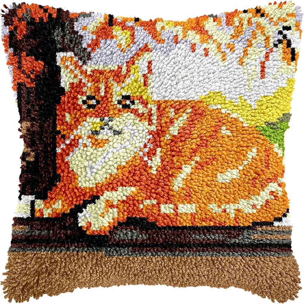 Cat on Tree Latch Hook Kits Pillow kits Cushion Throw Pillow Embroidery Craft Kits DIY Kits of DIY Hooking Pillowcase Cover Supplier with Color Printed Canvas 43x43cm (130)