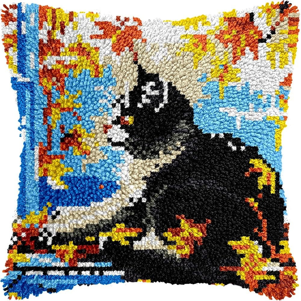 Cat under Tree Latch Hook Pillow Kits for DIY Handmade Throw Pillow Cushion Cross Stitch Latch Hooking Pillowcase Kits with Preprinted Canvas Crochet Yarn 17''X 17''(Y87)