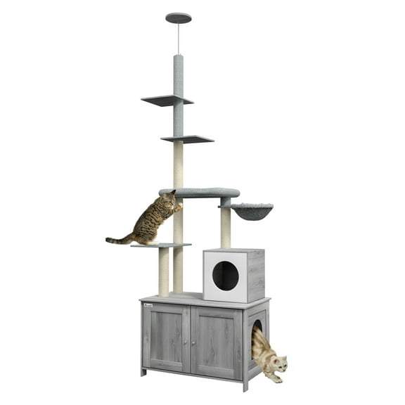 Cat Tree with Litter Box Enclosure, 2 in 1 Floor to Ceiling Cat Tower Litter Box Furniture with Condo, Bed, Hammock, Scratching Posts, and Platforms for Indoor Use, Gray