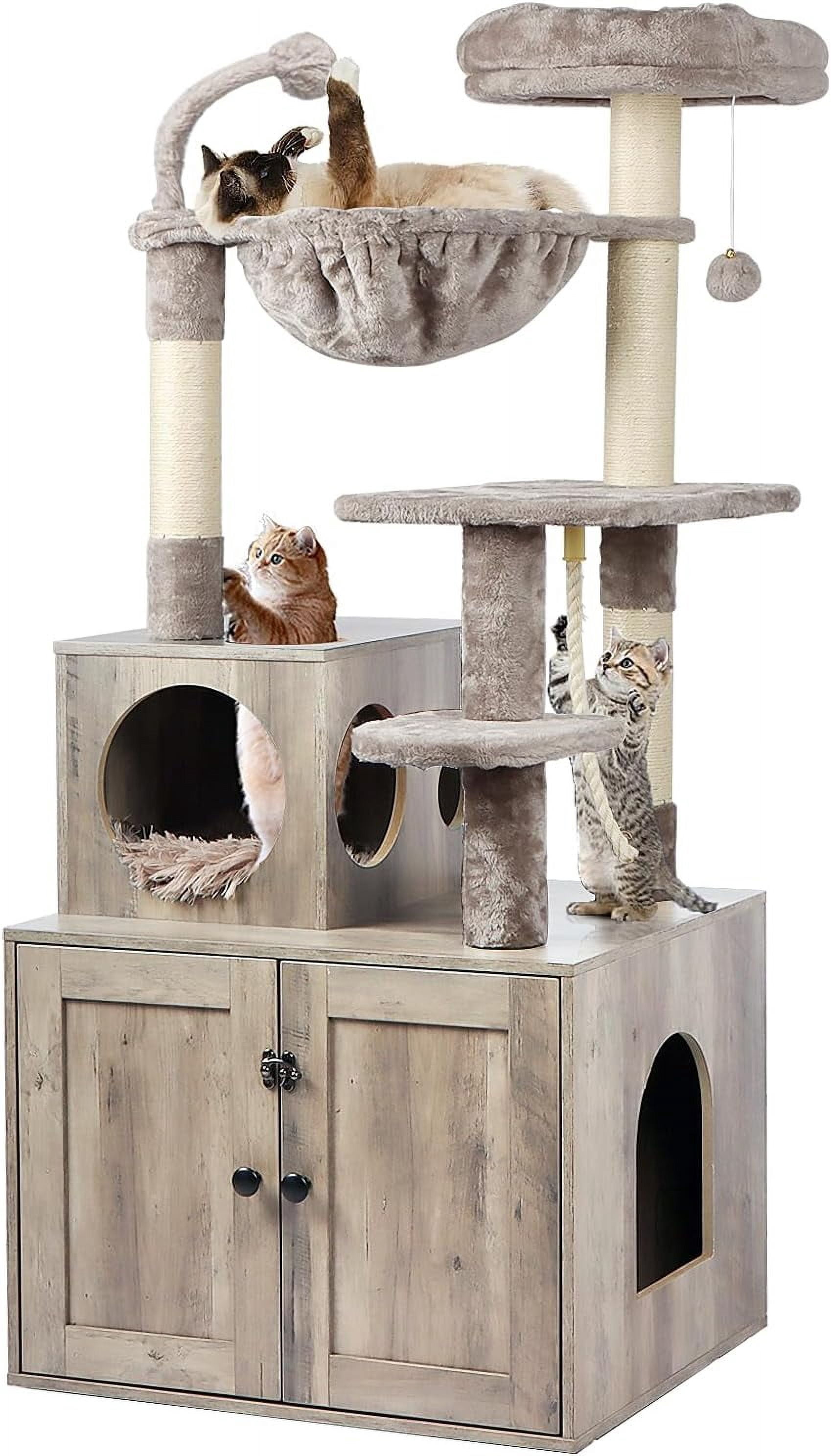 EnHomee Cat Tree With Litter Box Enclosure - 55 Inch Wooden Cat Condo With Scratching Posts & Bed