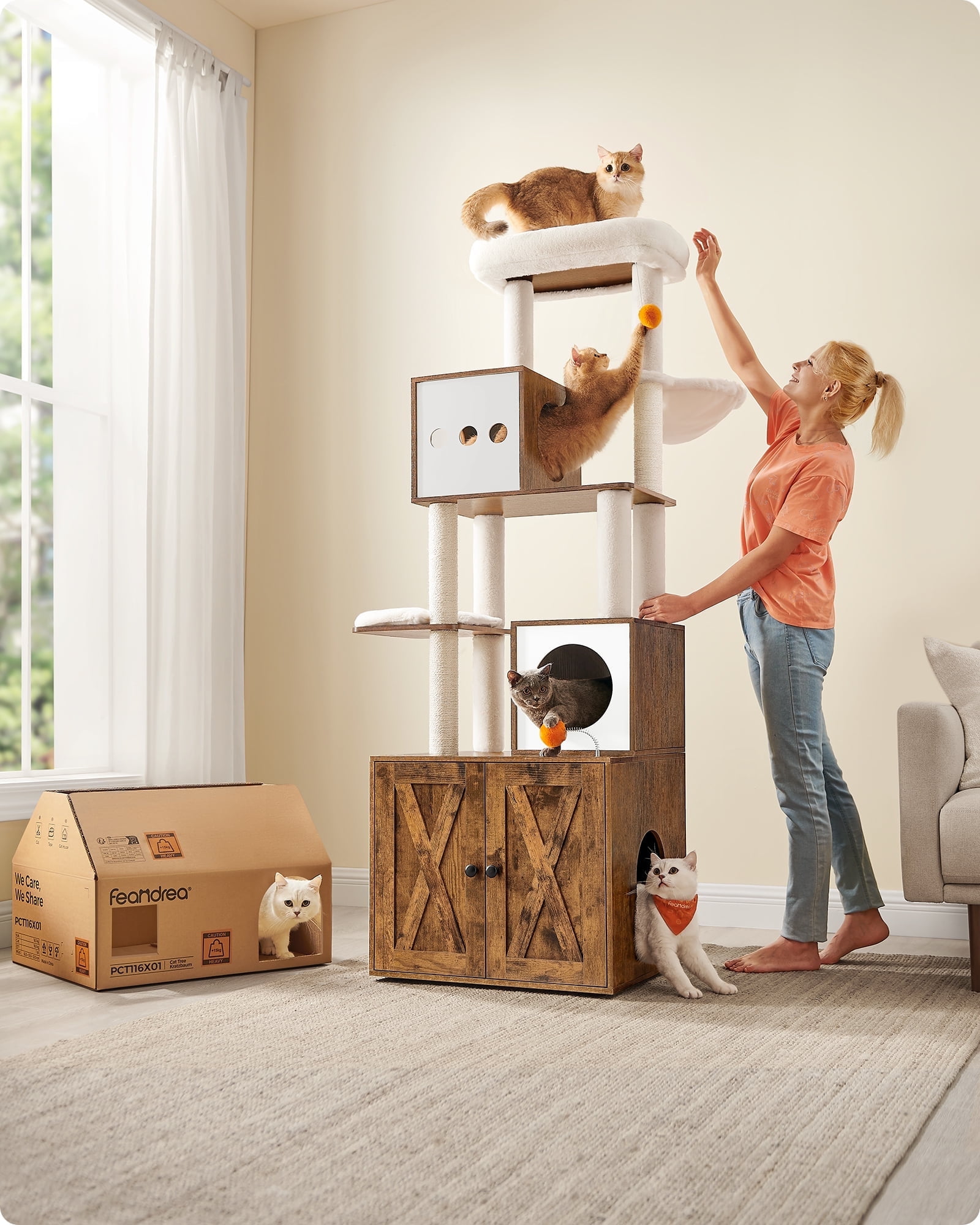 Cat Tree with Litter Box Enclosure - 2-in-1 Modern Cat Tower | 72.8-Inch Tall Condo with Scratching Posts, Perch, Caves, Basket, Washable Cushions, Rustic Brown