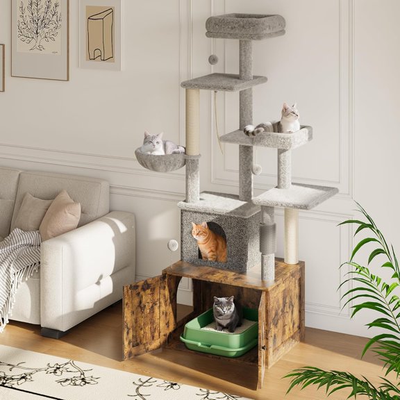 Cat Tree with Litter Box Enclosure, 2-in-1 Modern Cat Tower with Scratching Posts, Multiple Platform and Large Condo, Multilevel Indoor Kitten House, Rustic Brown