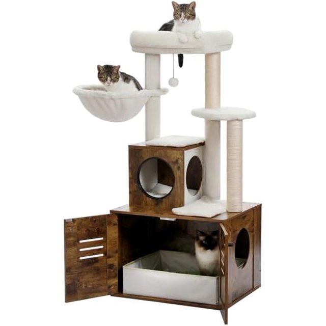 Cat Tree with Litter Box Enclosure,2in1 Modern Cat Tower for Large