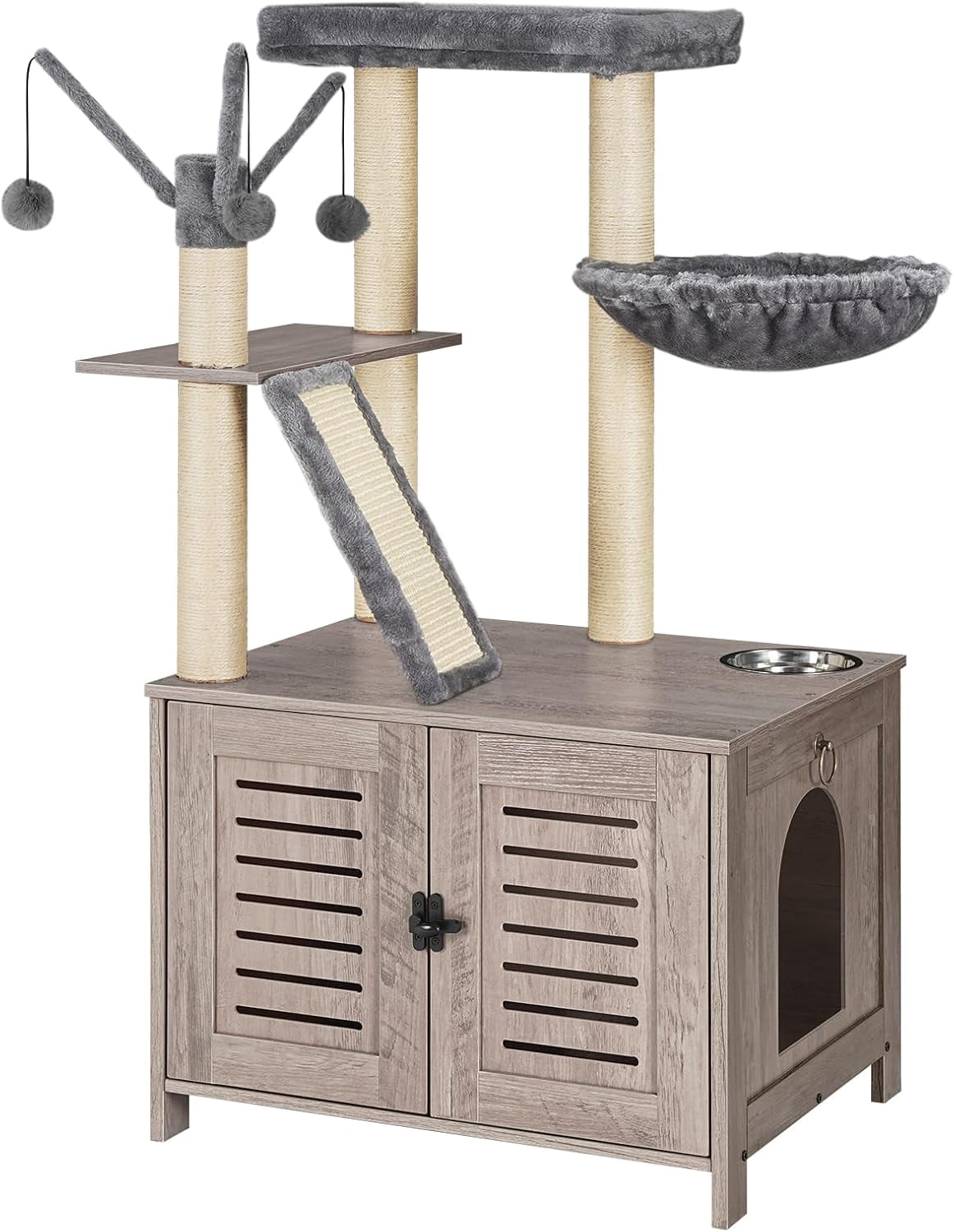 Cat Tree with Litter Box Enclosure, 44" Tall Wooden Cat Tower with Scratching Posts, Cat Hammock, Hidden Litter Box Furniture, All-in-One Indoor Cat Condo, Greige BG48MZ03