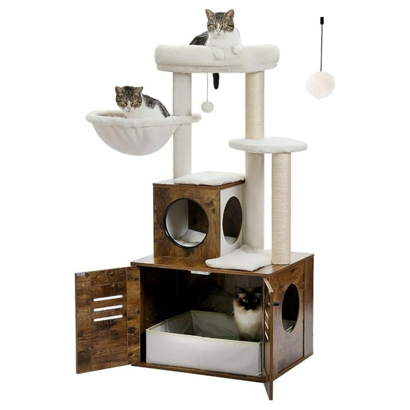 Cat Tree with Litter Box Enclosure, 50" Modern Cat Tree for Large/Fat Cats with Cat Condo, Wooden Cat Furniture with Large Hammock and Top Perch, Rustic Brown