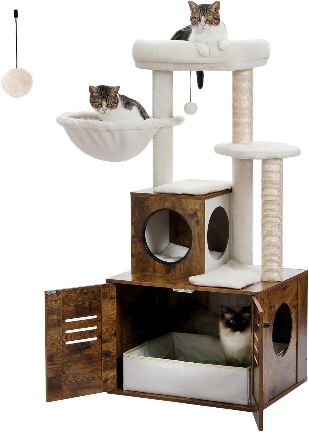 Cat Tree with Litter Box Enclosure 50 Modern Cat Tree for Large Fat Cats with Cat Condo Wooden Cat Furniture with Large Hammock and Top Perch Complimentary cat Litter Box Brown Walmart