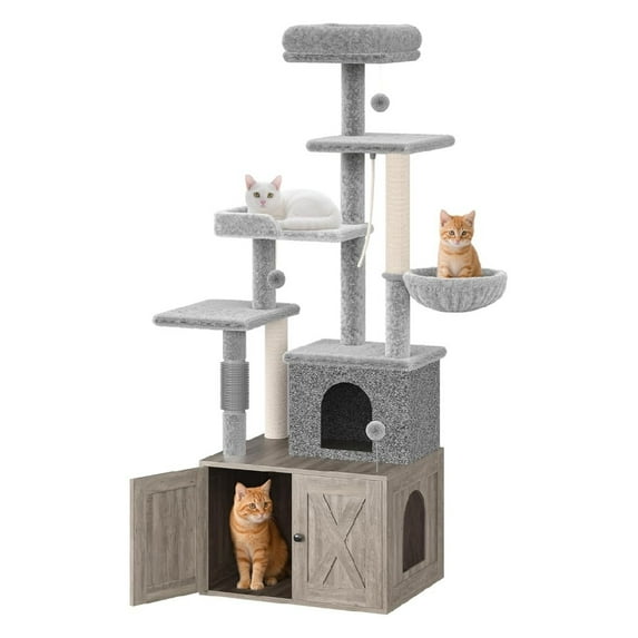 Cat Tree with Litter Box Enclosure, Hidden Cat Washroom Furniture,All-in-one Indoor Kitten House w/Scratching Posts, Multiple Platform and Condo, Modern Style Cat Tower, Hammock