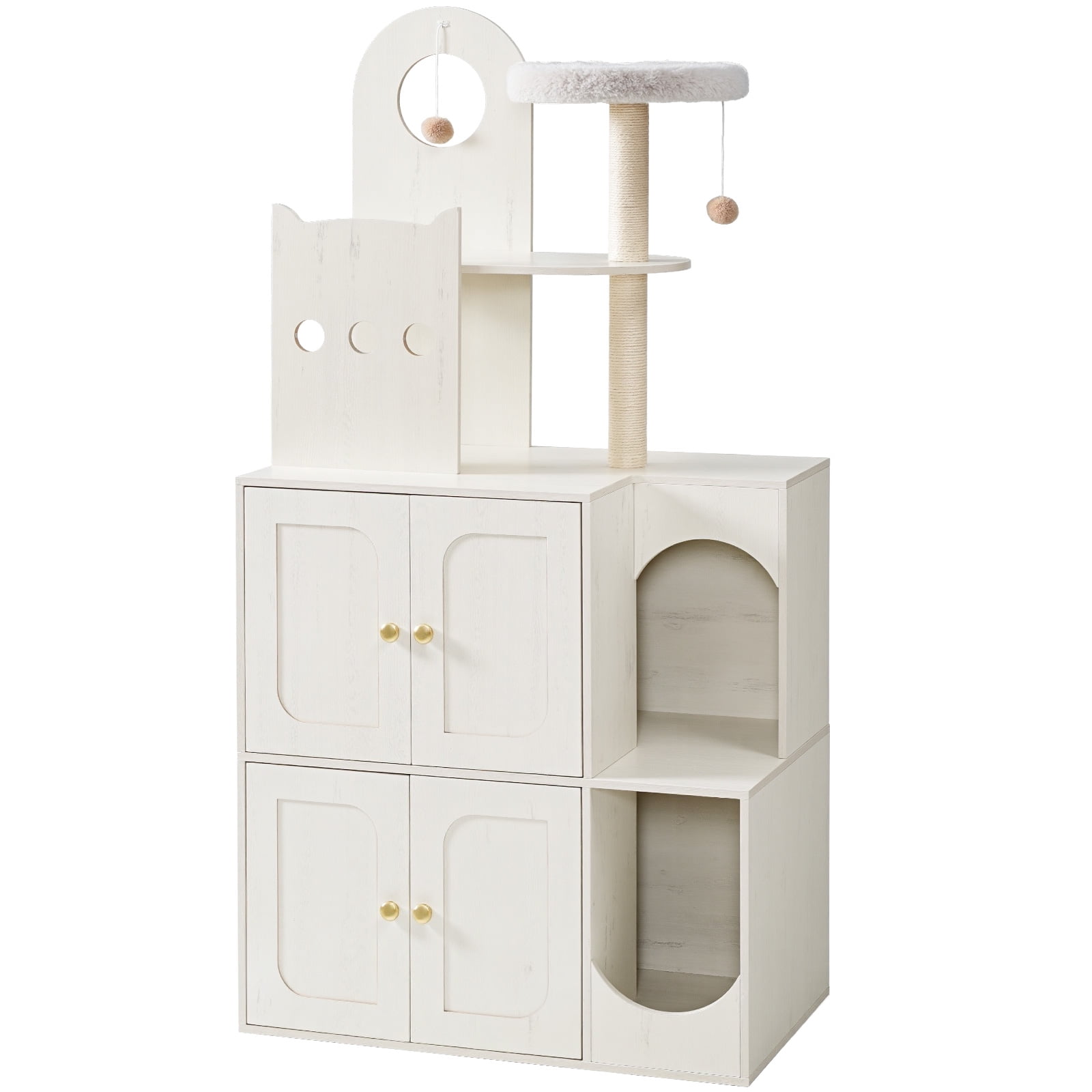 Cat Tree with Litter Box Enclosure, Hidden Double Cat Litter Box Enclosure Furniture, Modern Cat Tree with 2 Dangling Balls and 2 Sisal Scratching Posts for 2 Cats, White WH27MZ03