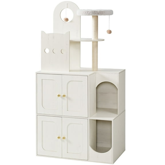 Cat Tree with Litter Box Enclosure, Hidden Double Cat Litter Box Enclosure Furniture, Modern Cat Tree with 2 Dangling Balls and 2 Sisal Scratching Posts for 2 Cats, White WH27MZ03