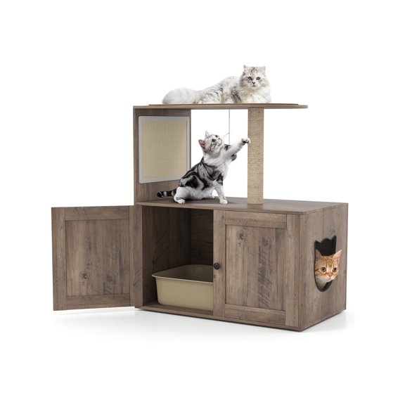 Cat Tree with Litter Box Enclosure, Hidden Litter Box Furniture with Sisal Scching Post, Farmhouse Cat House Washroom for Small Medium Cats, Vented Holes, Dangling Ball, Storage Cabinet, Brown