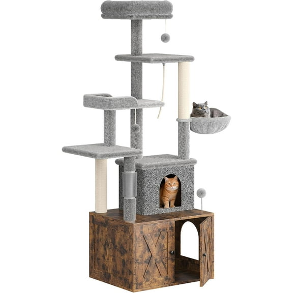 Cat Tree with Litter Box Enclosure Large, Multilevel Cat Play House with Large Condo, Spacious Hammock, Cozy Top Perch,Scratching Post and Dangling Balls,Wooden Cat Furniture for Indoor Cats,Brown