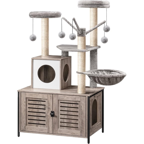 Cat Tree with Litter Box Enclosure & Scratching Posts for Indoor Cats, All-in-One Wooden Cat House Furniture, Cat Condo with Hammock, Detachable Teaser Sticks, Greige BG14MZ03