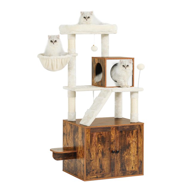 Cat Tree with Litter Box Enclosure, Tiptiper Modern Cat Tower with Pedal and Ramp, Hidden Litter