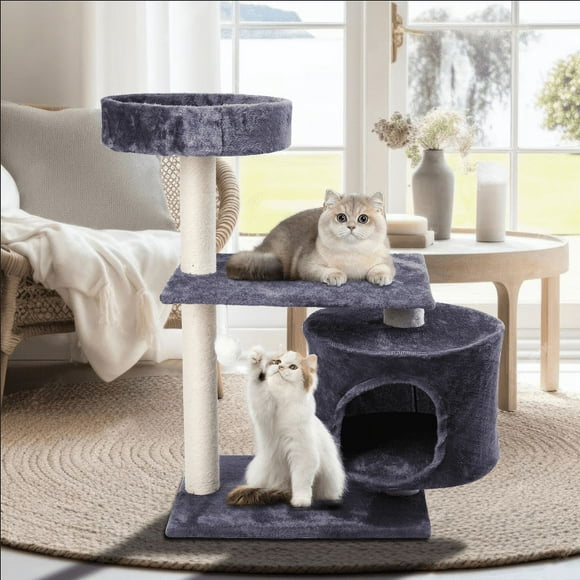 Cat Tree,Medium Small Cat Tower Condo with Soft Perch Hammock Scratching Posts,Self-grooming Toy,Activity Centre Climbing Tree Cat Furniture with Cat Condo and Two Hammocks, Grey