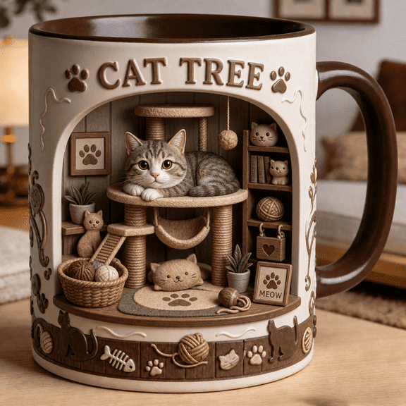 Cat Tree Mug Cozy Cat Lover Gift, Cute Kitten Coffee Cup for Pet Parents