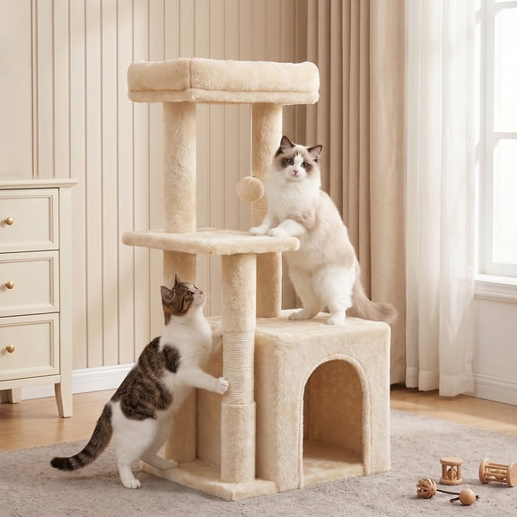 Cat Tree, Multi-Level Cat Tree Tower, Indoor Activity Center with Sisal Scratching Posts, Condos, Plush Perches, Hanging Cat Toys, Beige