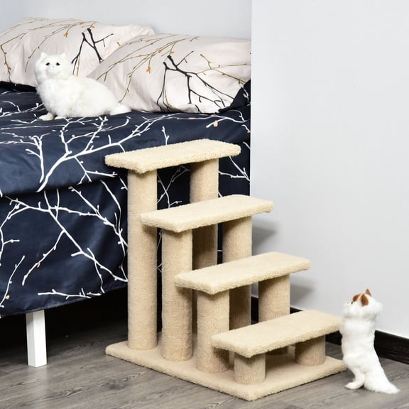 Cat Tree PawHut 25" 4-Step Multi-Level Carpeted Cat Scratching Post Pet Stairs, Beige,Cat Tree For Large Cats