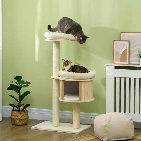Cat Tree PawHut 3-Level Cat Tree with Sisal Scratching Posts, Fun Cat Badminton Toy for Playing, Soft Cushions, & Play Areas,Cat Tree For Large Cats