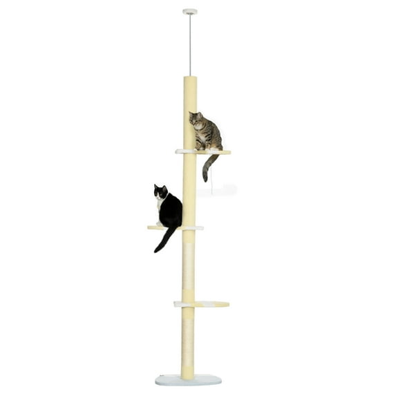 Cat Tree PawHut 4-Tier Tall Cat Tower, Floor to Ceiling Cat Tree, Height Adjustable 87 - 103 Inch with Plush Platforms, Sisal Scratching Posts, Toy Ball for Indoor Cats, Yellow,Cat Condo