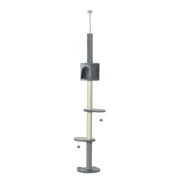 Cat Tree PawHut 85.5" Cat Tree Height Adjustable Floor-to-Ceiling 4-Tier Kitty Climbing Activity Center Condo Cat Toy with Scratching Post Hanging Balls Play Rest Post Pet Furniture Grey,Cat Tree For