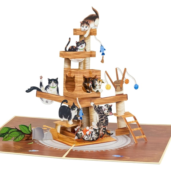 Cat Tree Pop Up Card, Funny Cats, 3D Greeting Card, Gifts for Birthday, Valentines day, Mothers Day, Fathers Day, Cat Person, 5x7 - Includes Envelope And Message Note